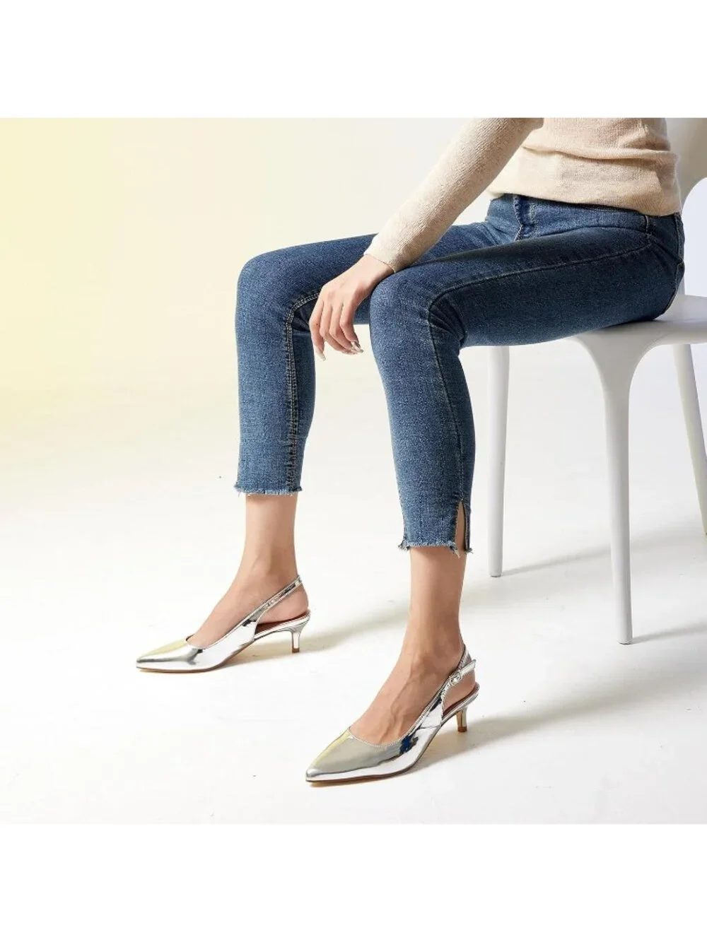 Women's Metallic Silver Slingback Pump Pointed Closed Toe Low Kitten Heel Shoes